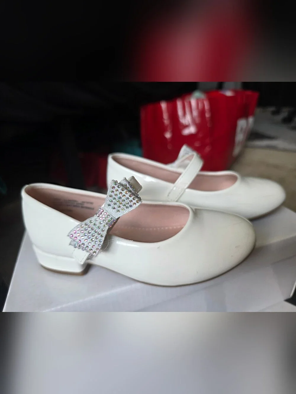 Kelly & Katie White Girls' Mary Jane Flat with Rhinestone Bow Accent
